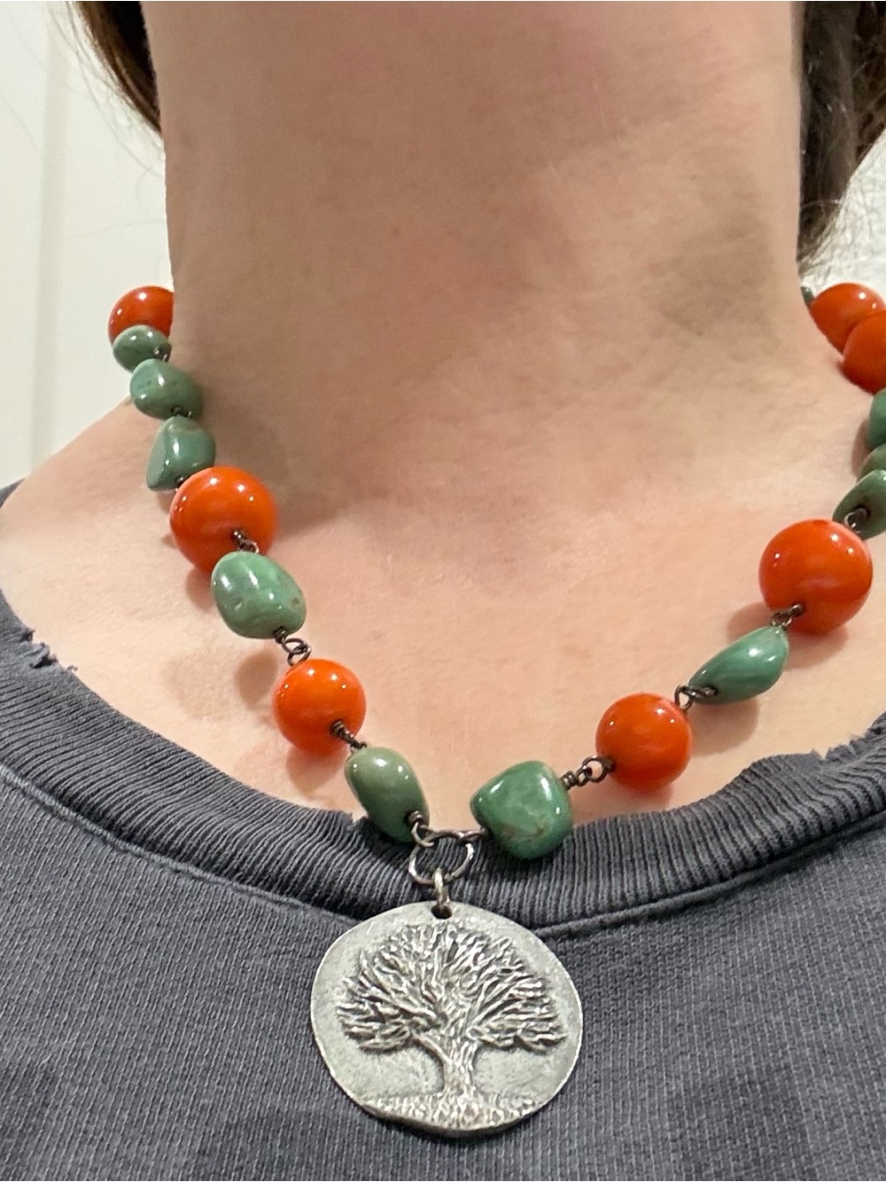 Handmade Turquoise and Orange Bead Necklace with Tree Pendant